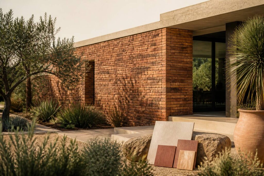 Façade en pierre de parement aux tons terracotta et ocre, maison contemporaine au jardin soigné