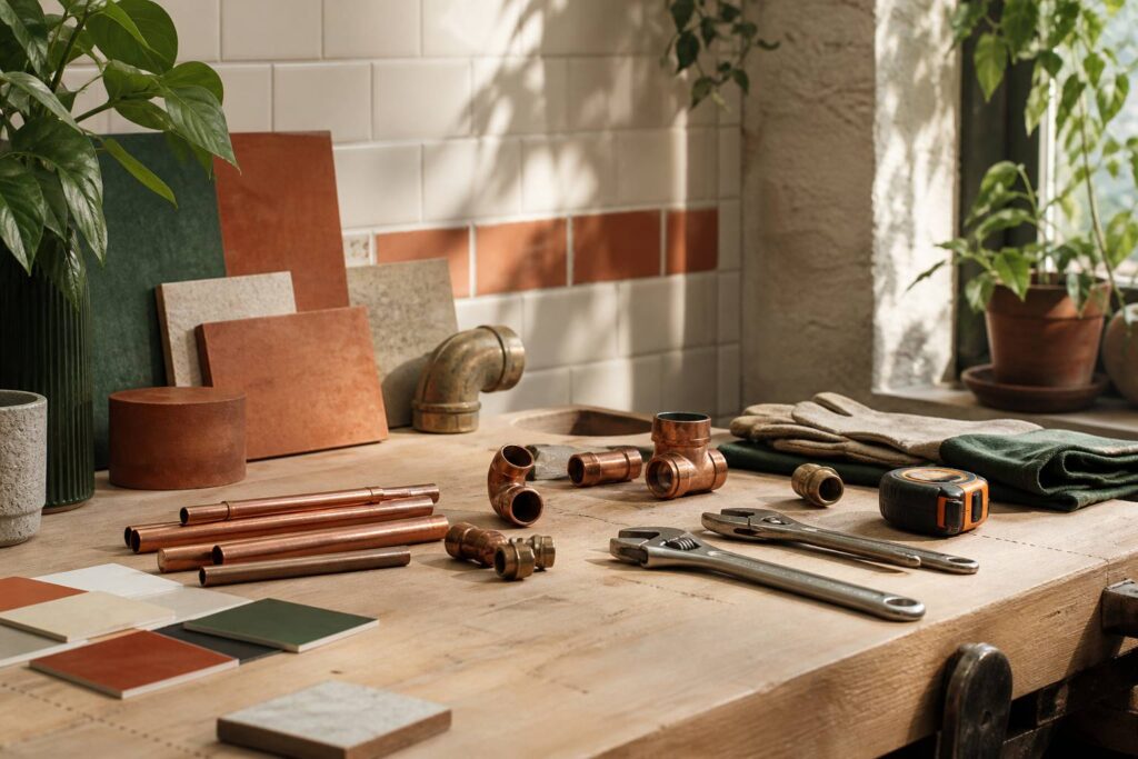 Outils de plombier en métal brossé et tuyaux en cuivre sur un établi en bois