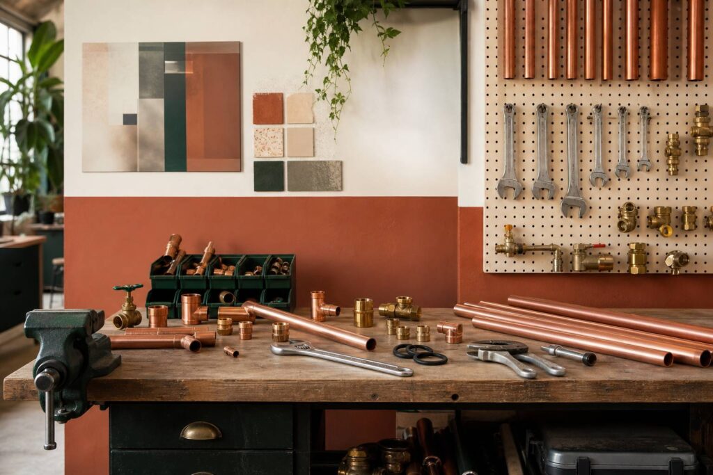 Atelier de plombier avec tuyaux en cuivre et outils