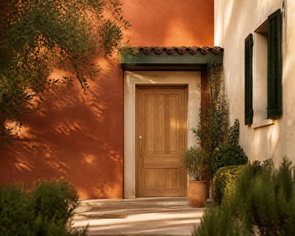 Porte d'entrée en bois massif sur une façade de maison
