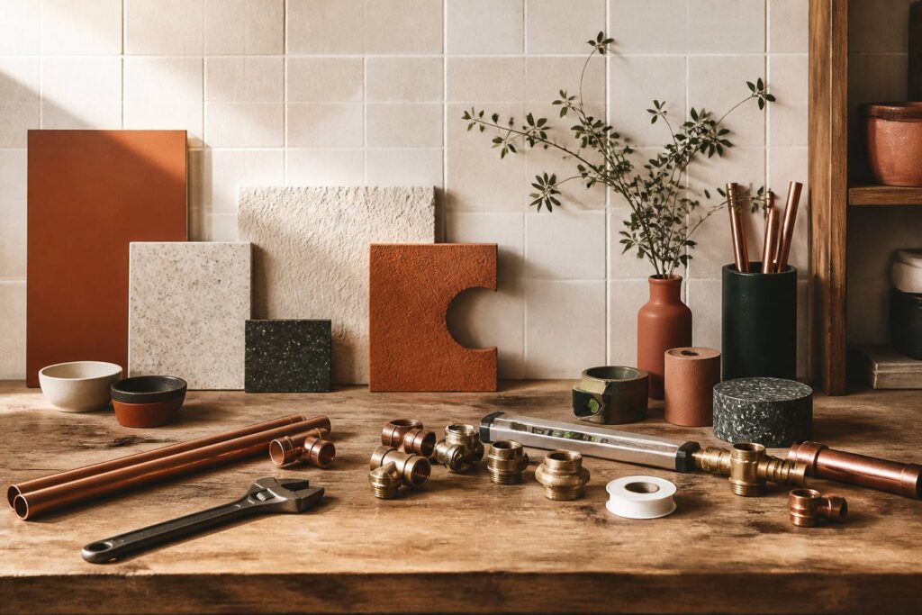 Tubes en cuivre et raccords de plomberie sur un établi d'artisan