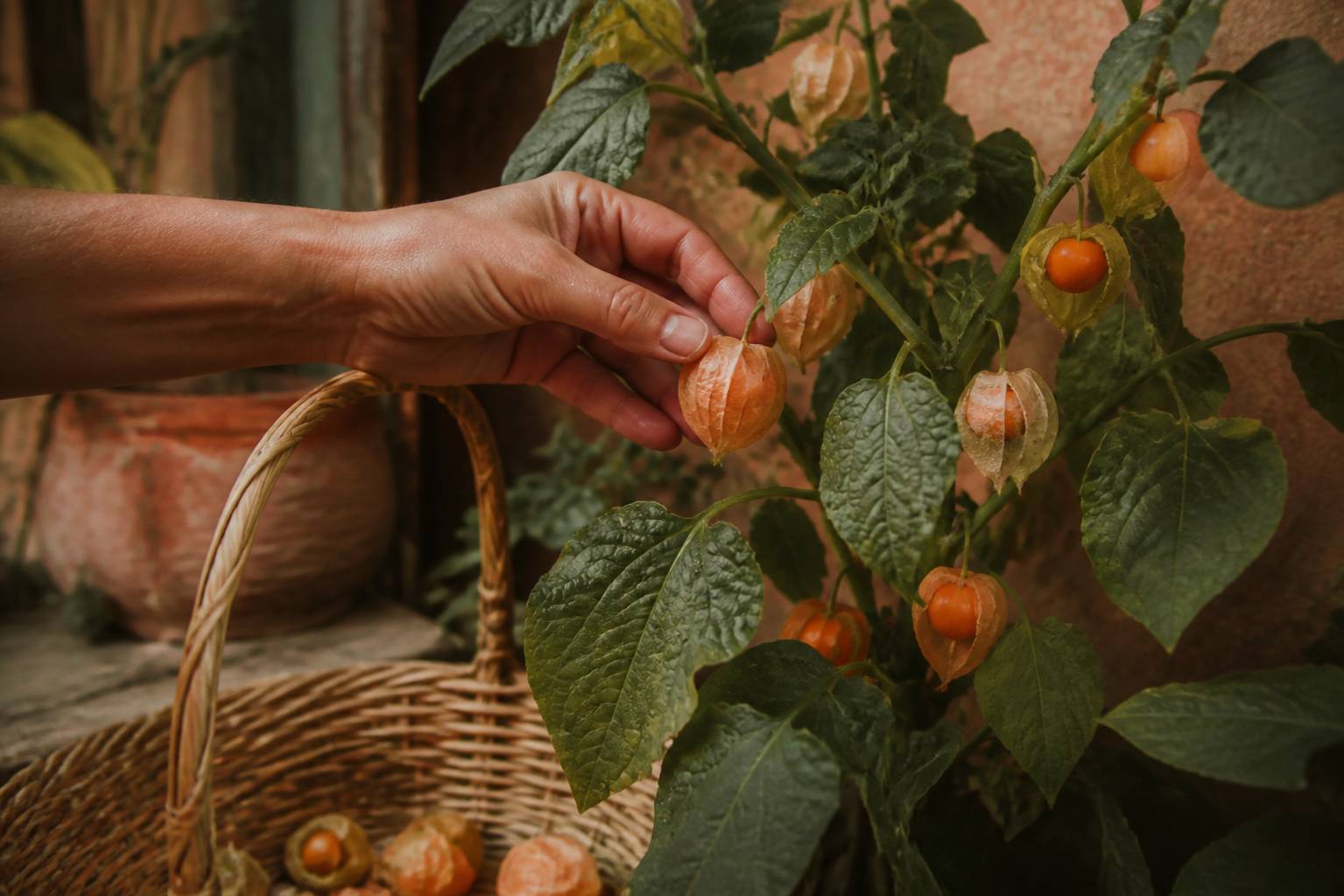 Main cueillant un physalis dans un plant de potager