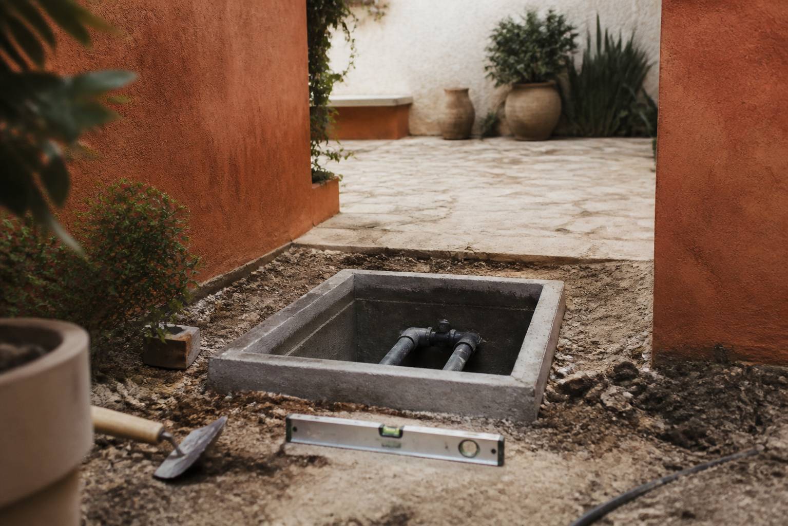 Regard en béton ouvert montrant des canalisations sur un chantier de terrassement