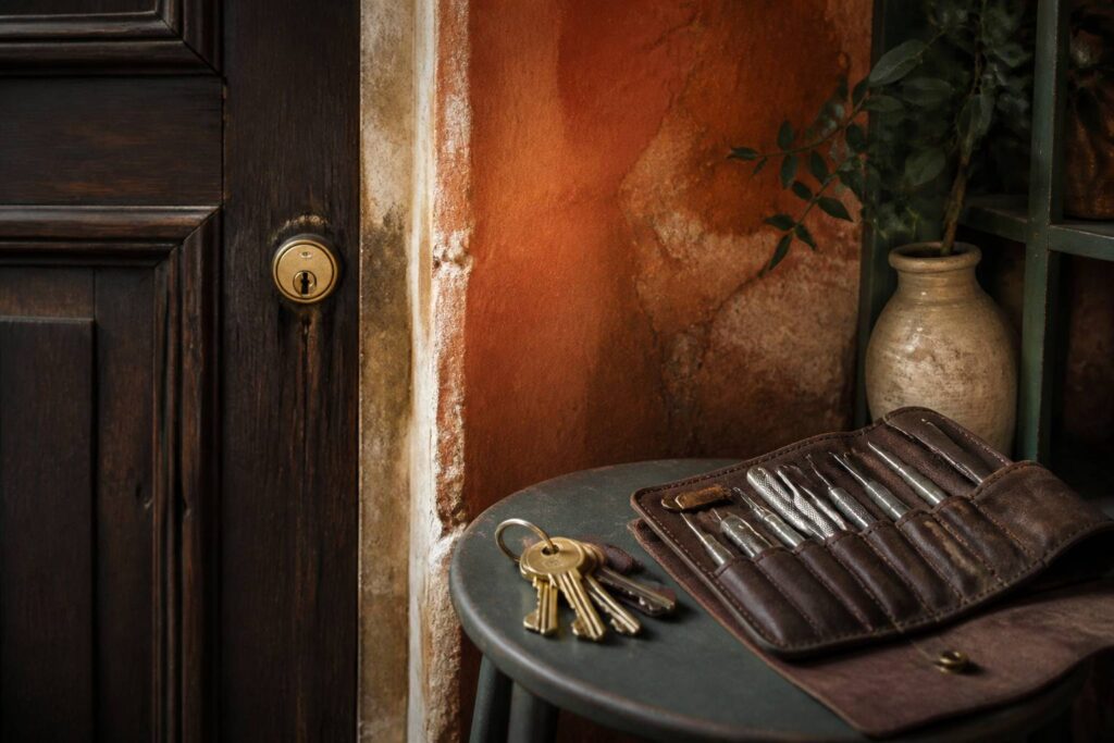 Porte en bois avec cylindre de serrure en laiton et trousseau de clés