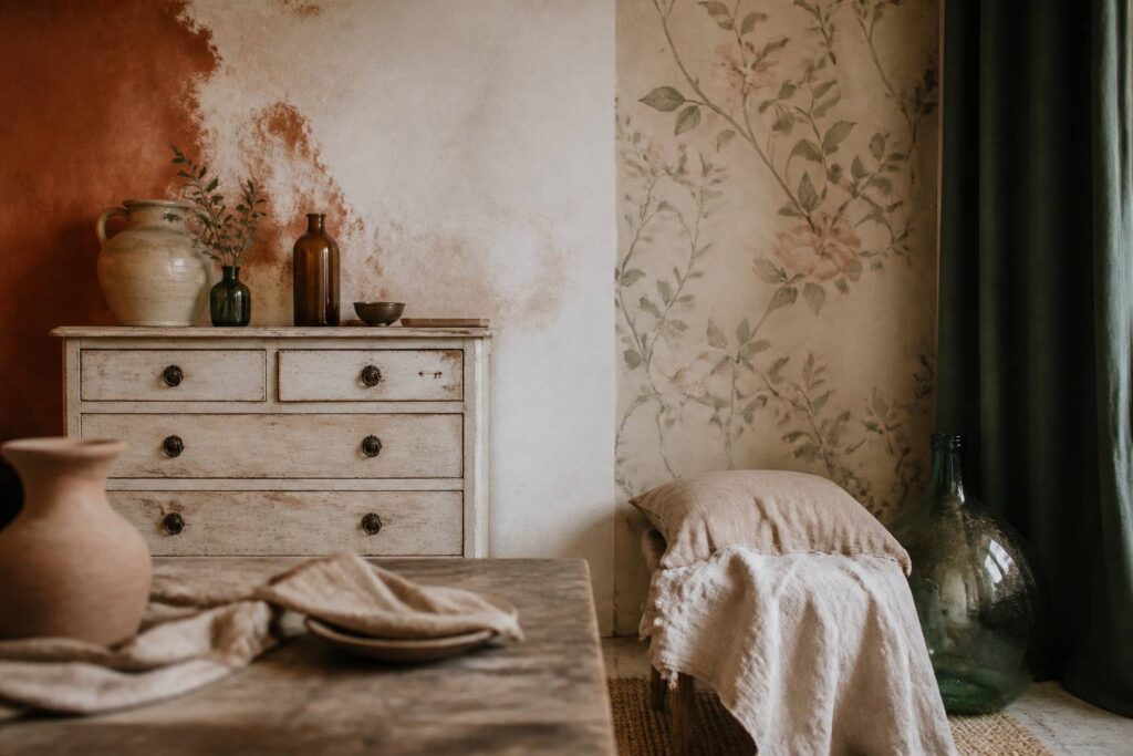 Intérieur shabby chic avec commode patinée et papier peint floral
