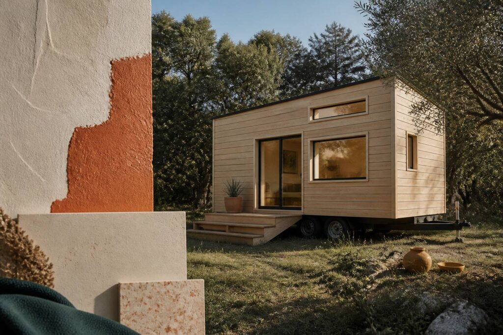 Tiny house moderne sur remorque dans un cadre naturel