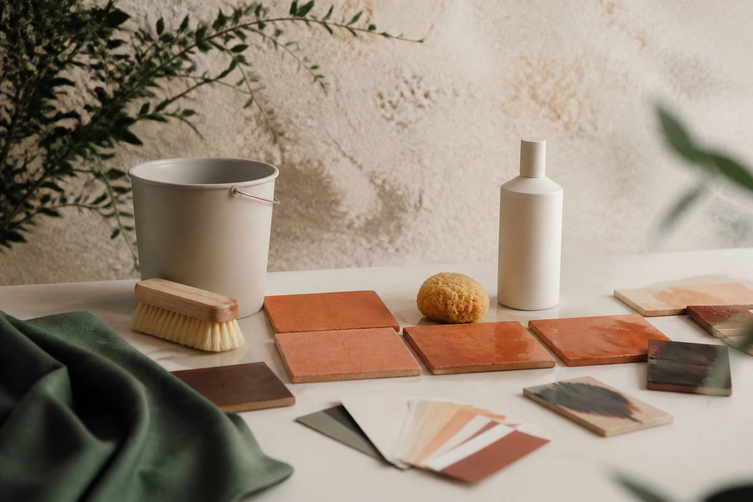 Tomettes décapées avec brosse et seau sur une table d'atelier