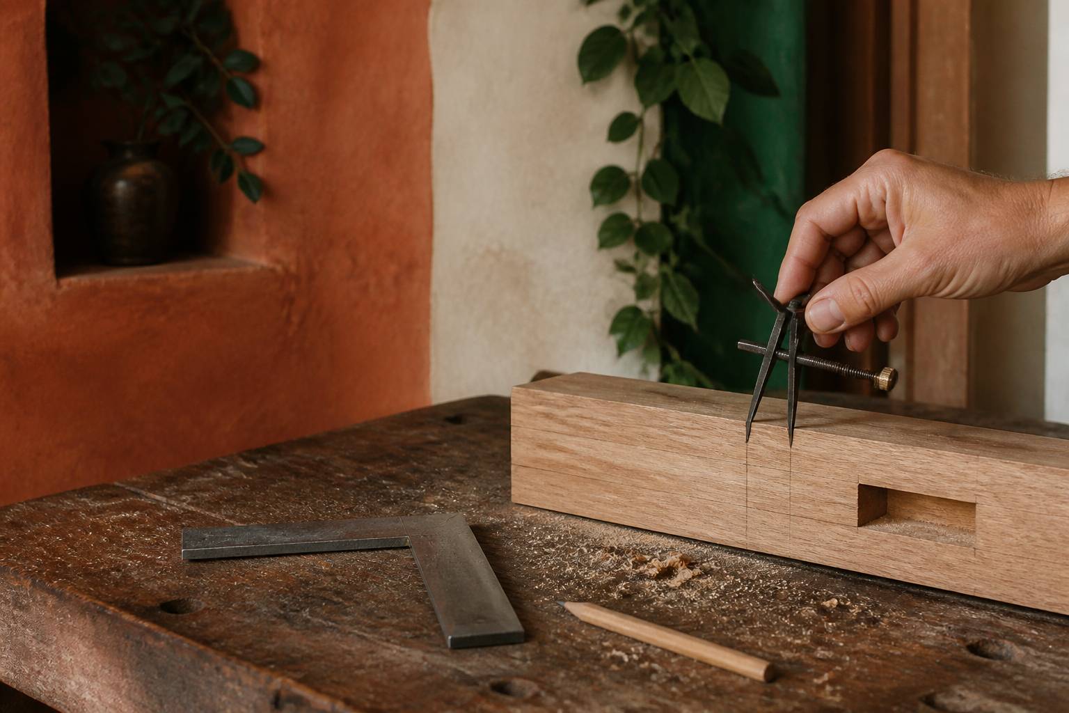 Main traçant un tenon au trusquin sur une pièce de bois à l'établi