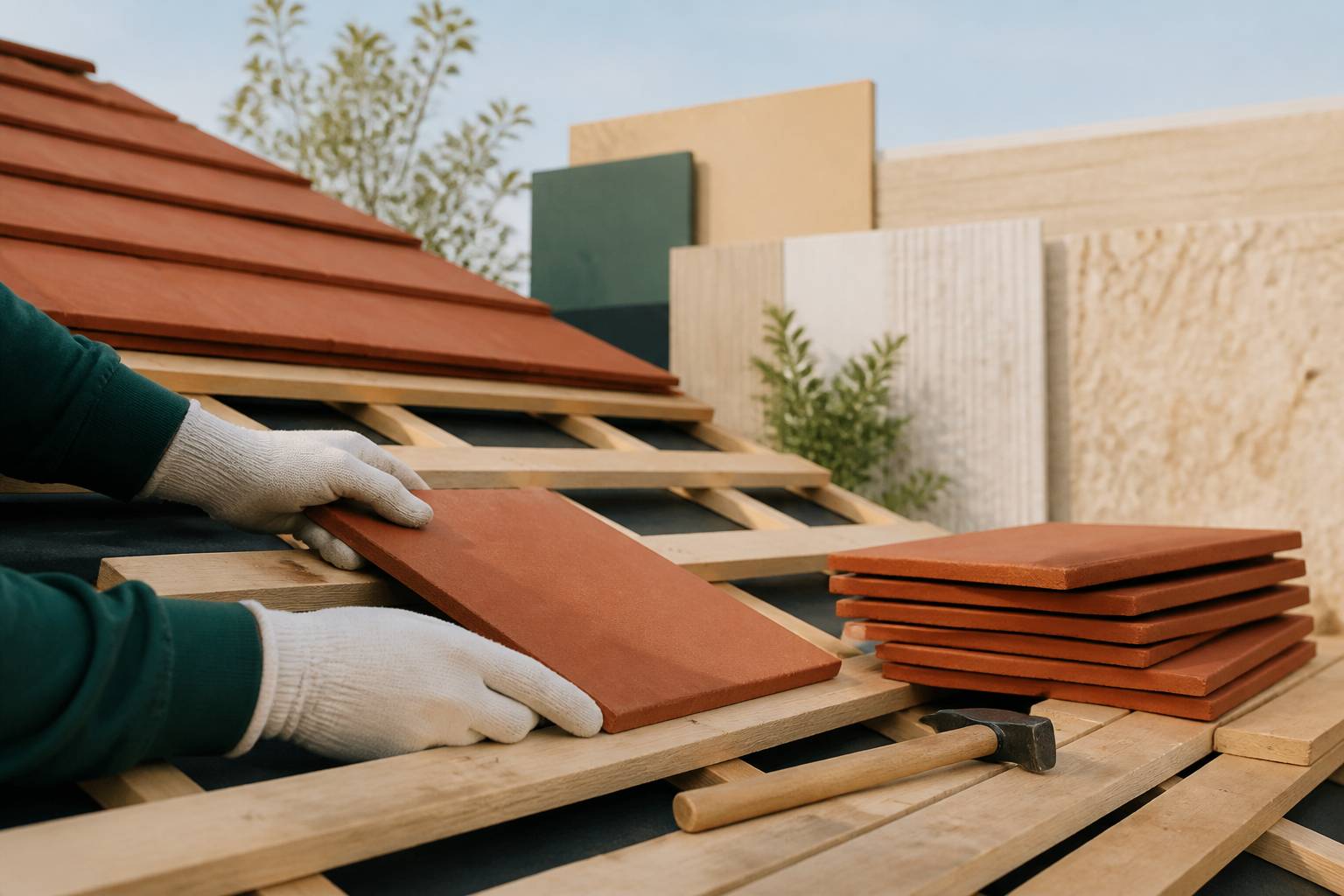 Mains gantées posant une tuile plate sur un lattage de bois sur un toit