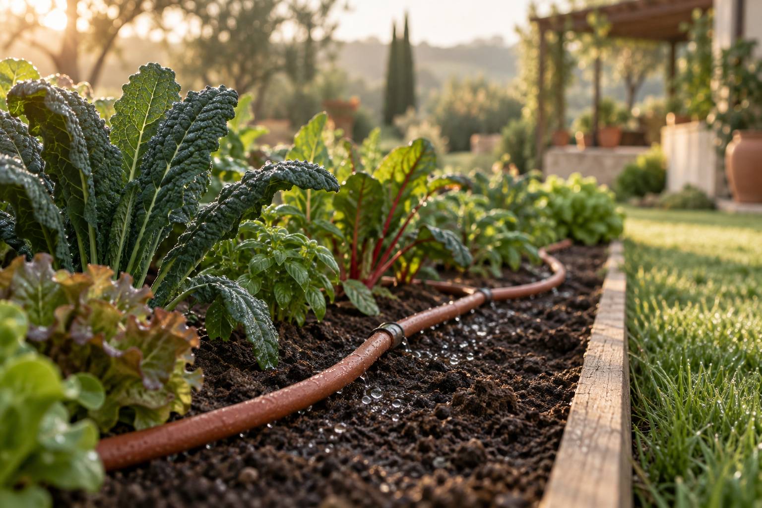 Goutte-a-goutte le long d'un potager et de ses plantations