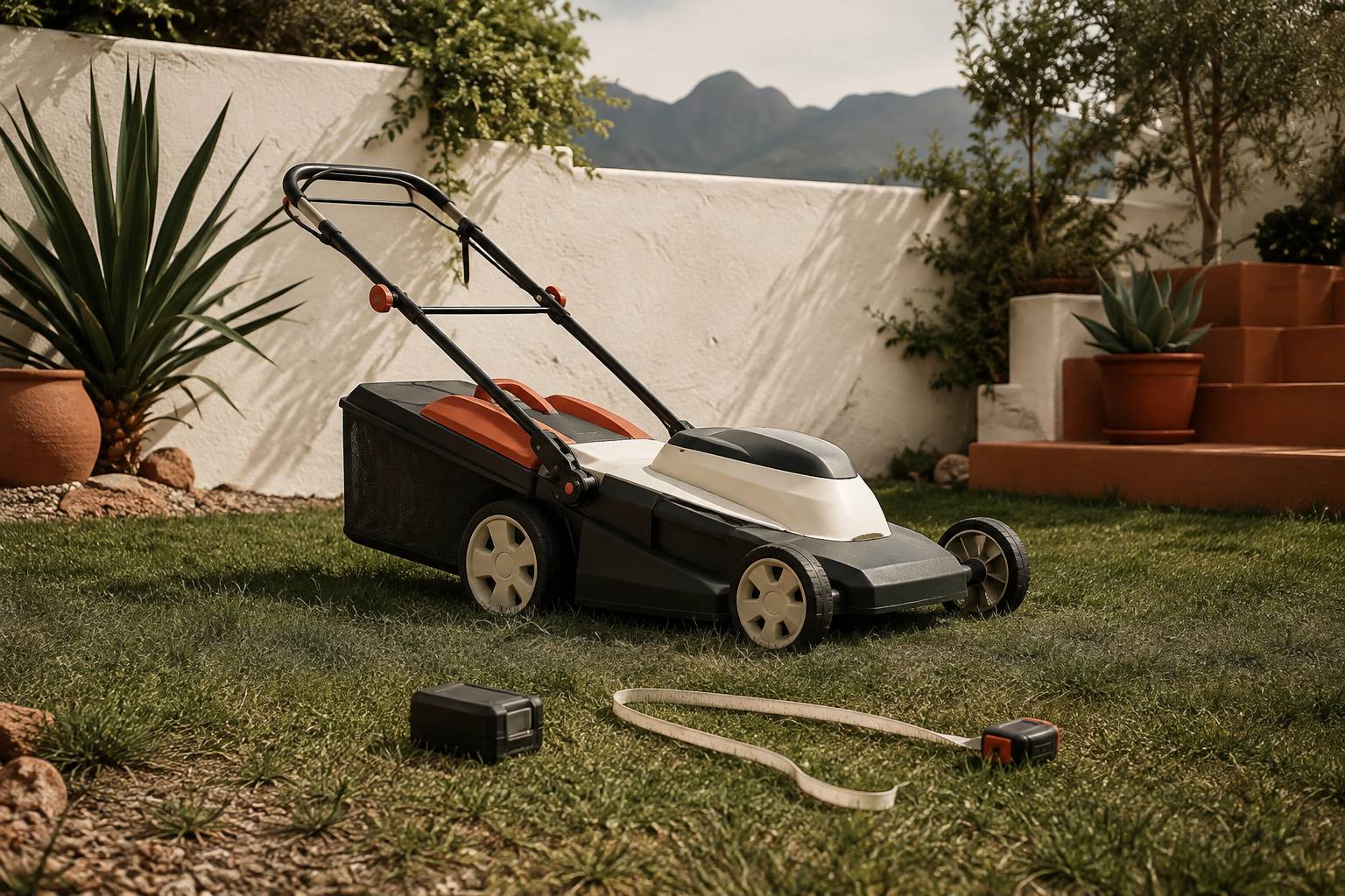 Tondeuse sans fil de côté avec batterie amovible et mètre sur une parcelle d'herbe