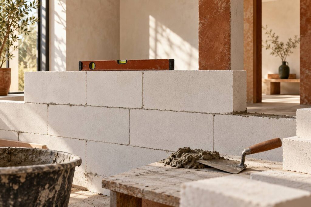 Mur en blocs de beton cellulaire blancs a joints fins en cours de montage