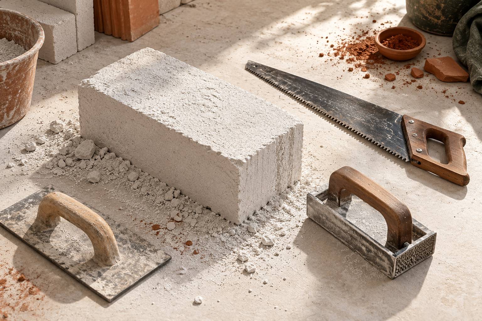 Bloc de beton cellulaire et outils de maconnerie legere sur un sol clair