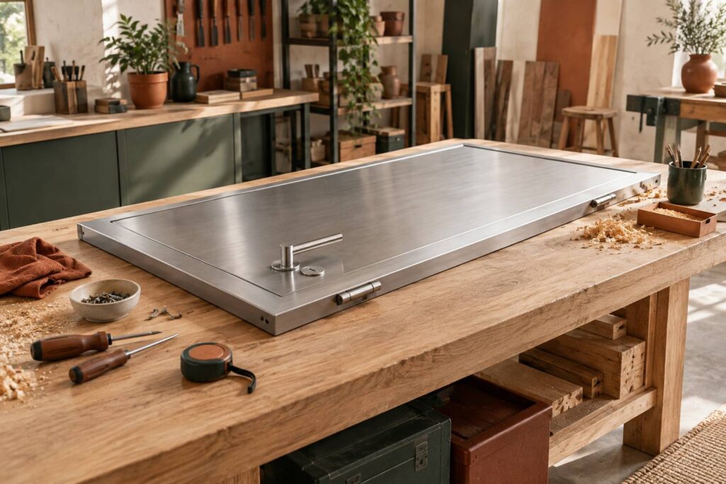 Bloc-porte en métal brossé sur l'établi d'un atelier d'artisan lumineux