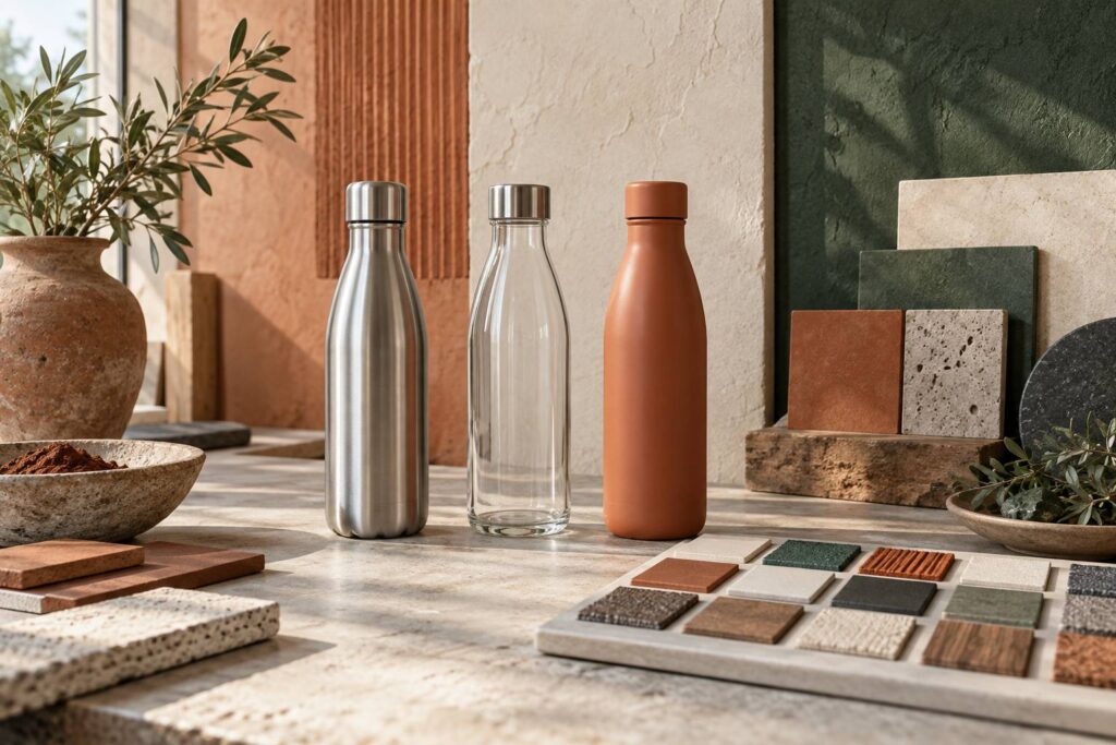 Bouteilles d'eau réutilisables en inox, verre et plastique recyclé