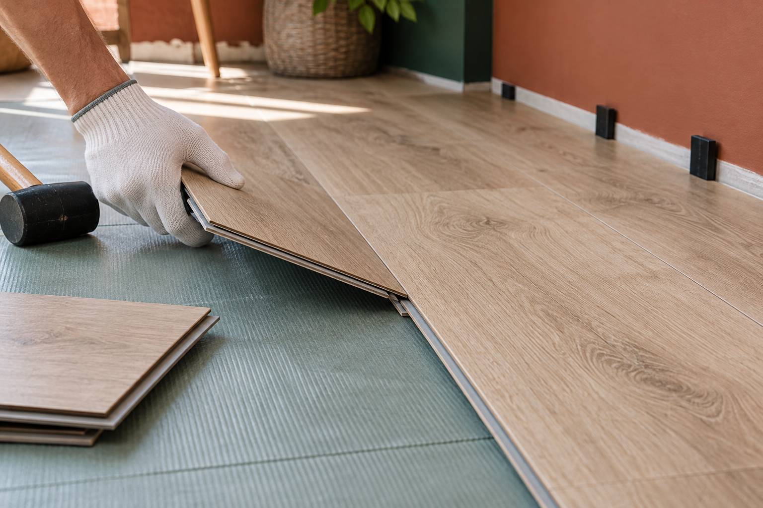 Main gantée clipsant une lame PVC avec cales d'espacement au sol