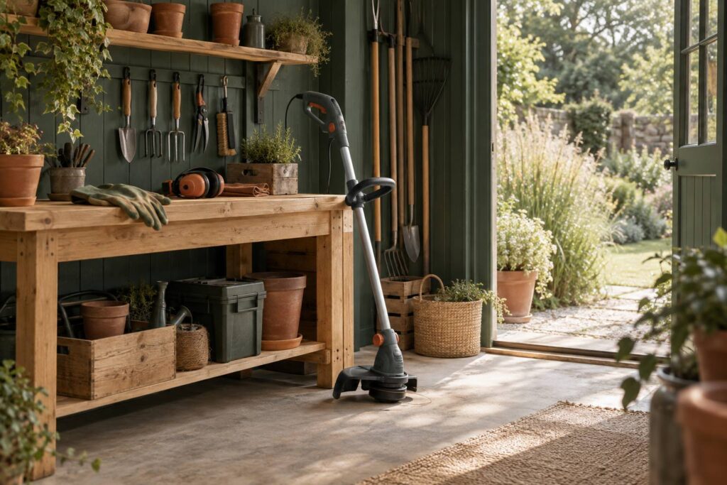 Debroussailleuse electrique posee contre un etabli dans un atelier de jardin