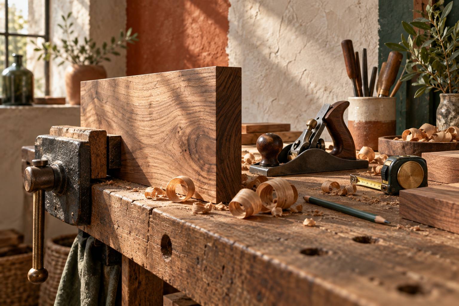Détail d'un rabot et d'une planche de bois serrée dans un étau d'atelier