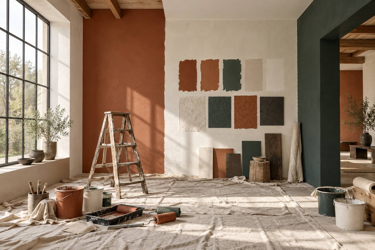 Piece en cours de renovation avec baches de protection et escabeau