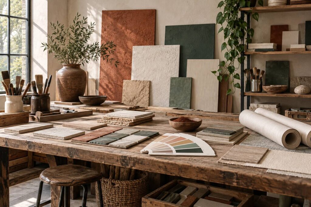 Echantillons de matieres murales et nuancier vierge sur un etabli d'artisan