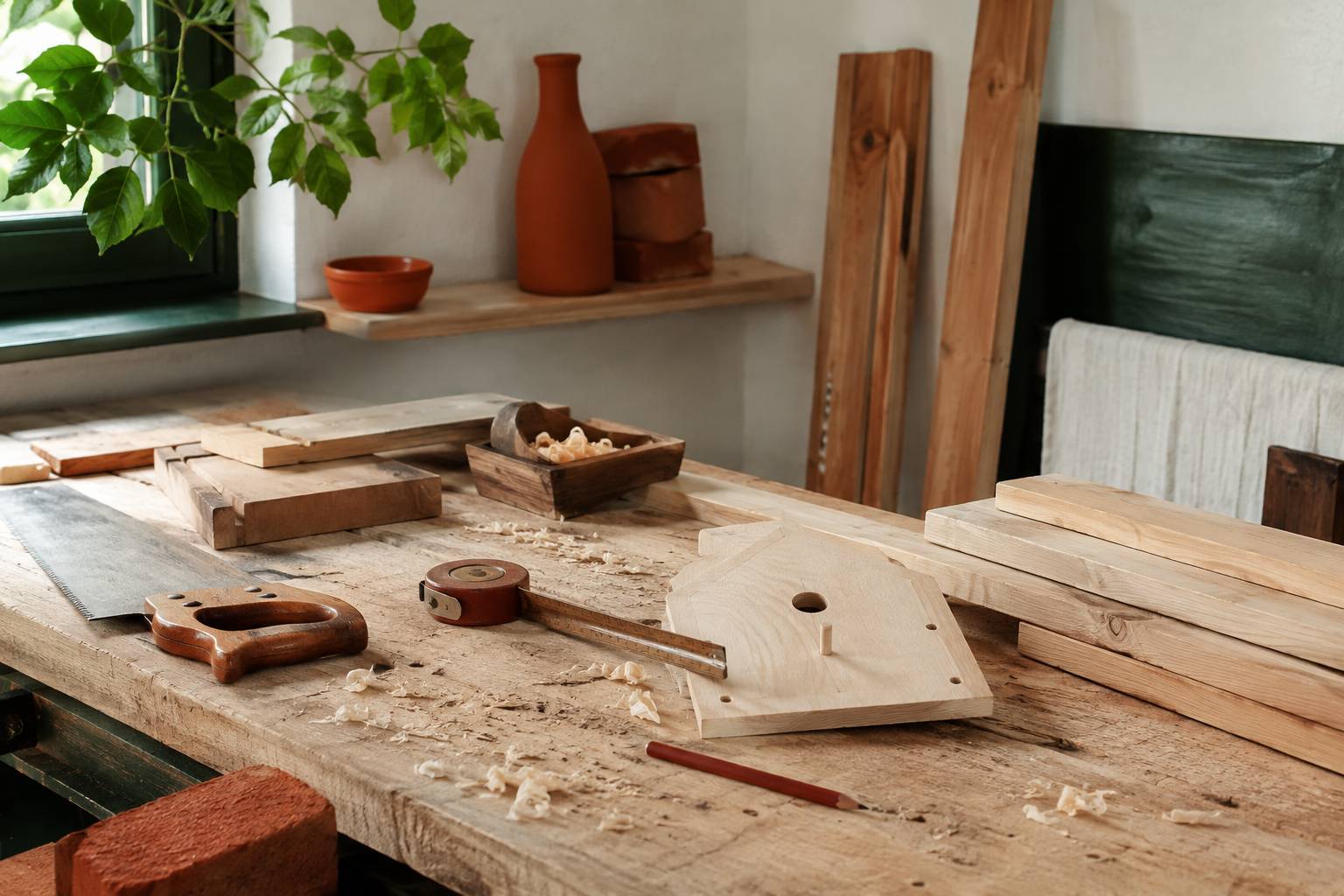 Établi de menuisier avec planches de bois brut, scie et gabarit de nichoir à chauve-souris