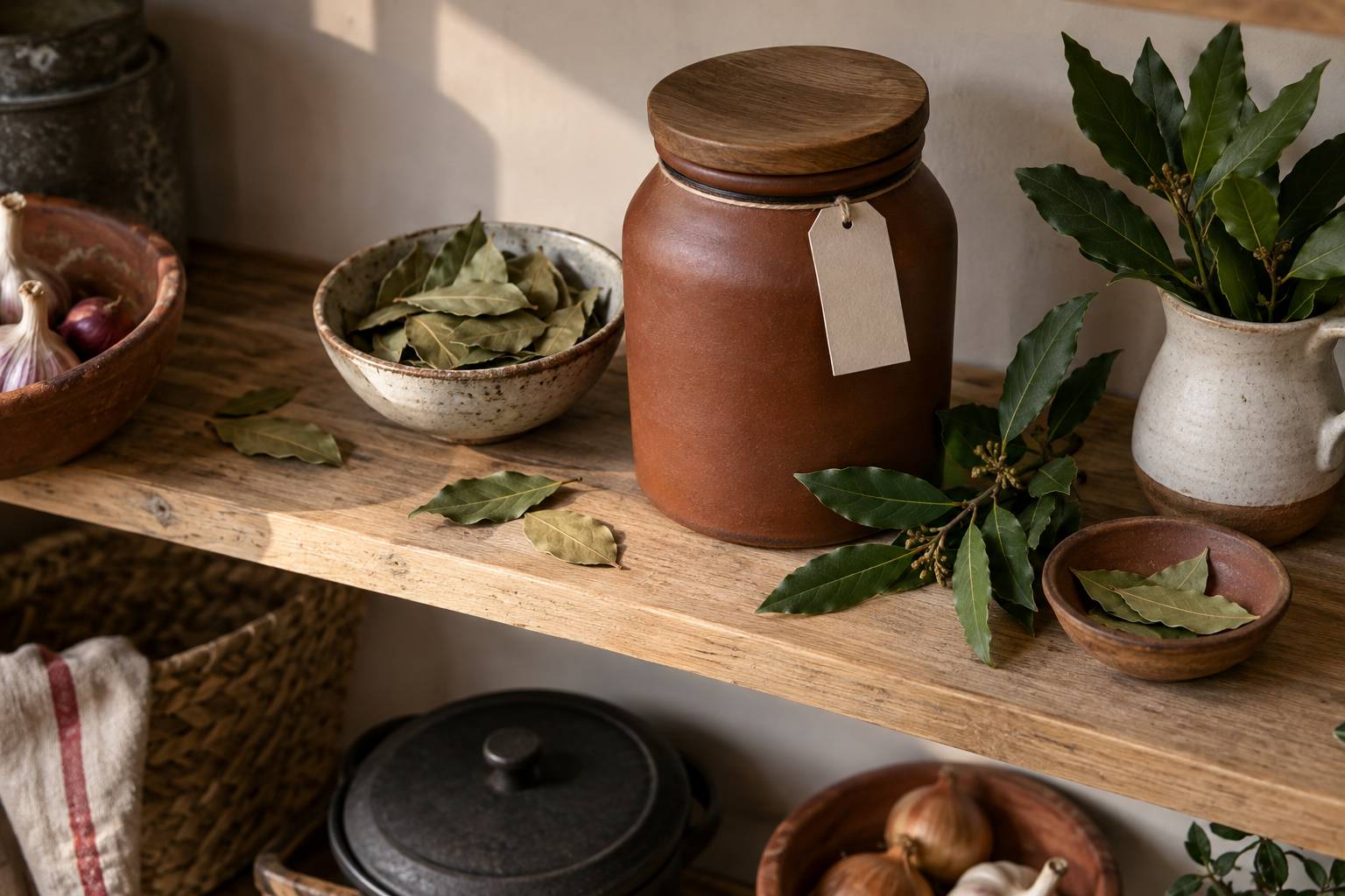 Bocal de feuilles de laurier sechees et branches fraiches sur une etagere
