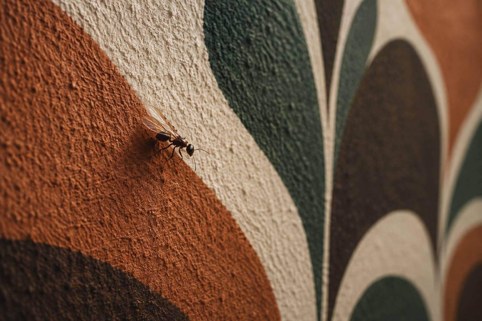 Fourmi ailée posée sur un mur texturé à la lumière rasante