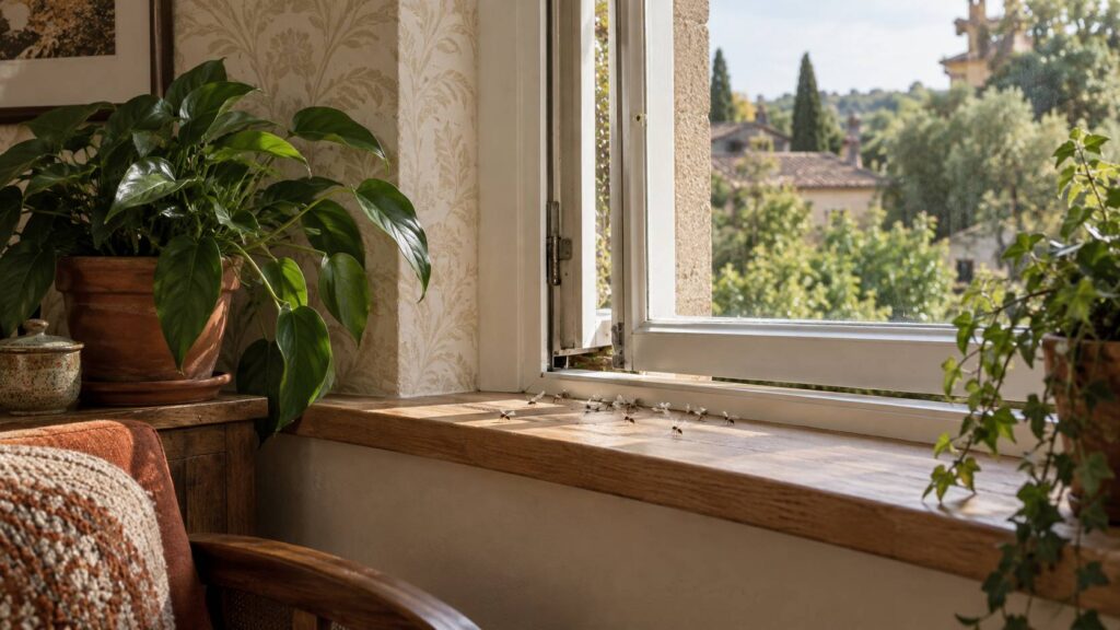 Fourmis ailées sur un rebord de fenêtre près d'une plante verte en pot