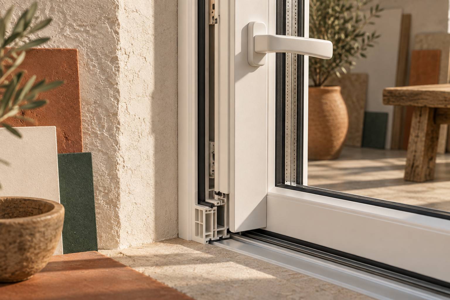 Gros plan sur le profil et le vitrage d'une porte-fenêtre PVC
