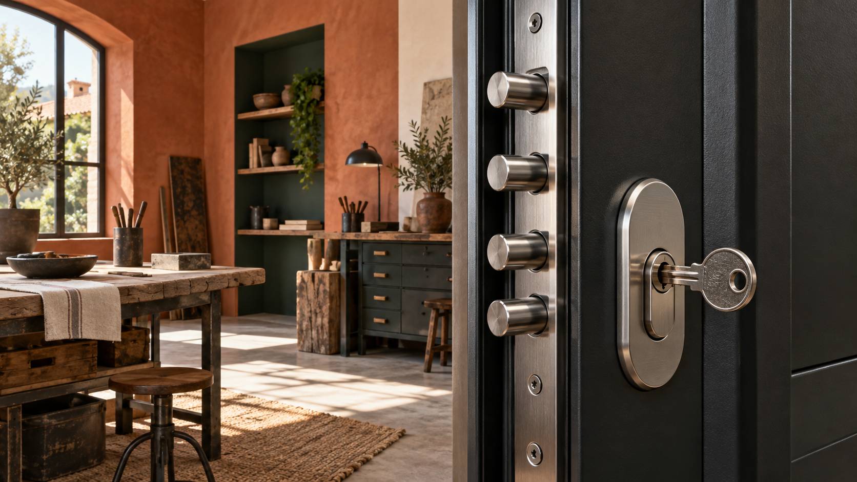 Gros plan sur une serrure de sécurité multipoints de porte blindée