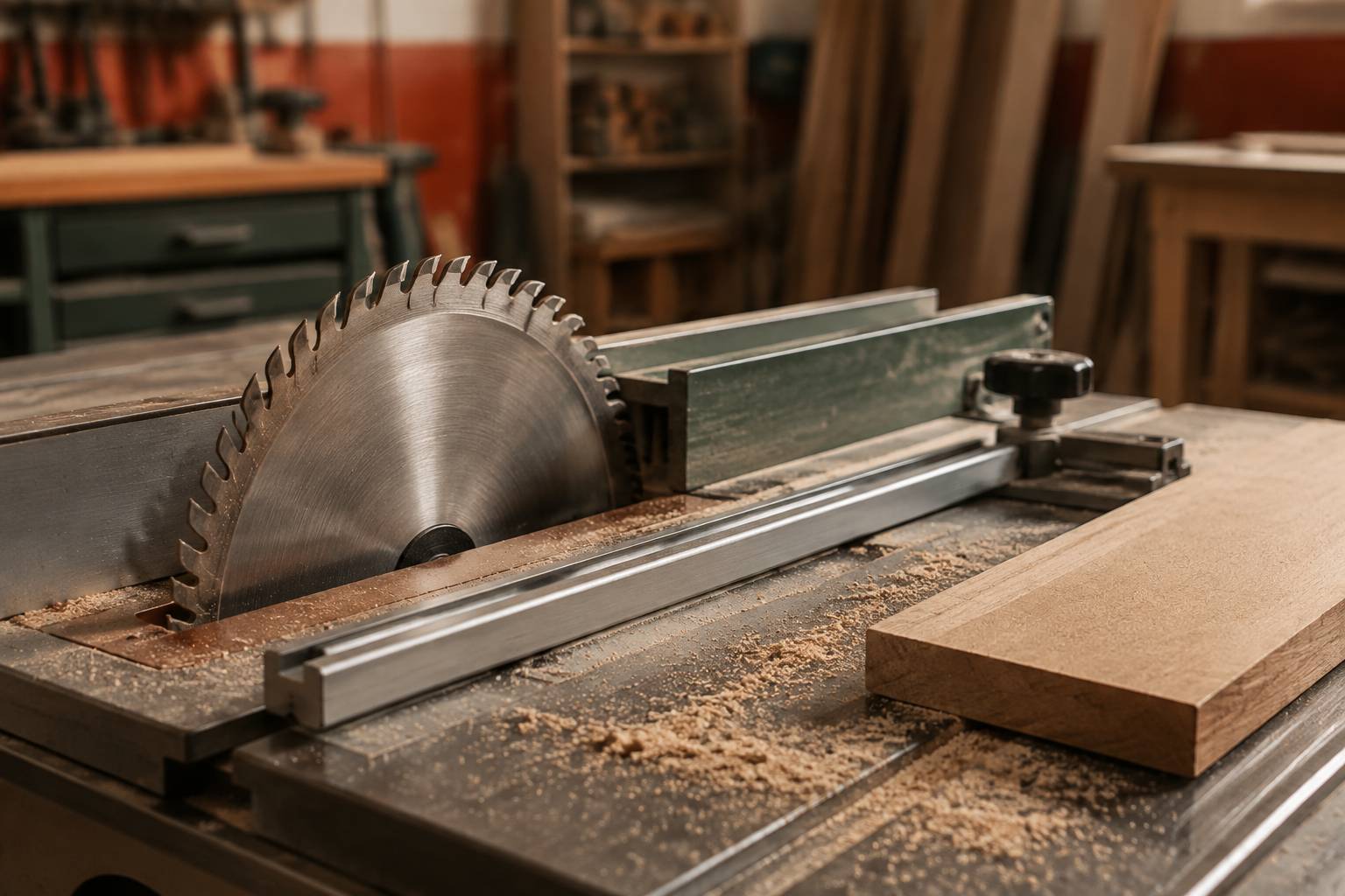 Lame dentée et guide d'une scie circulaire sur table avec sciure de bois