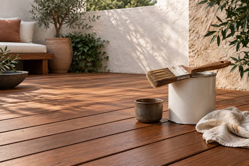 Terrasse en bois traité avec pinceau et pot de lasure sans étiquette
