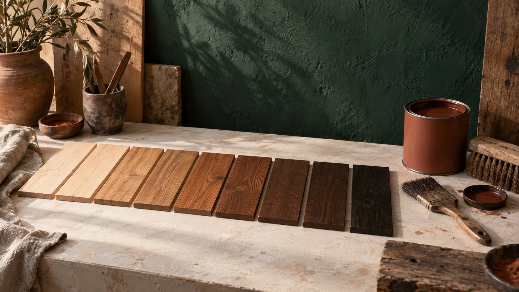Terrasse en bois traité avec pinceau et pot de lasure sans étiquette