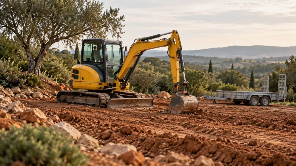 Mini pelle jaune garee sur un terrain terreux avec godet pose au sol