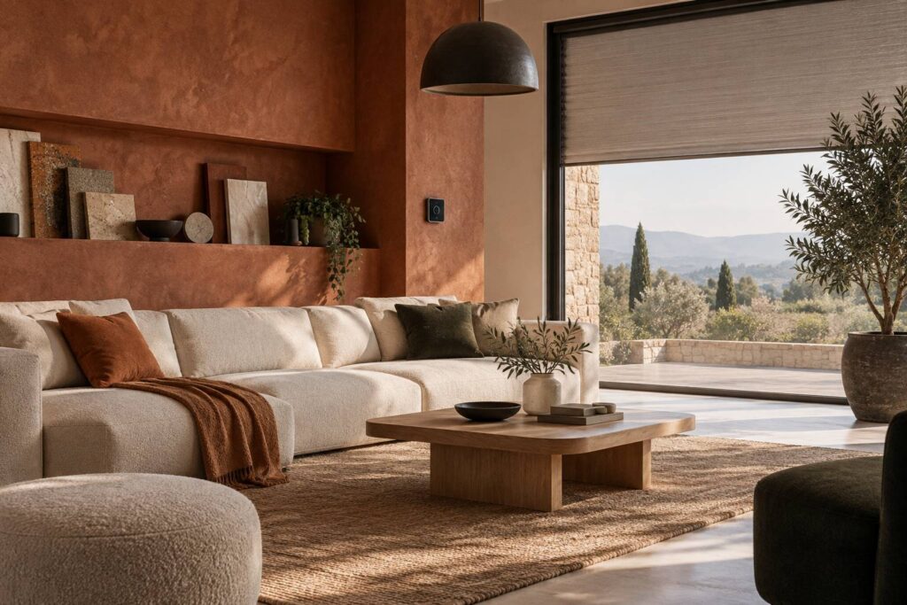 Intérieur de maison connectée avec thermostat mural et volet motorisé