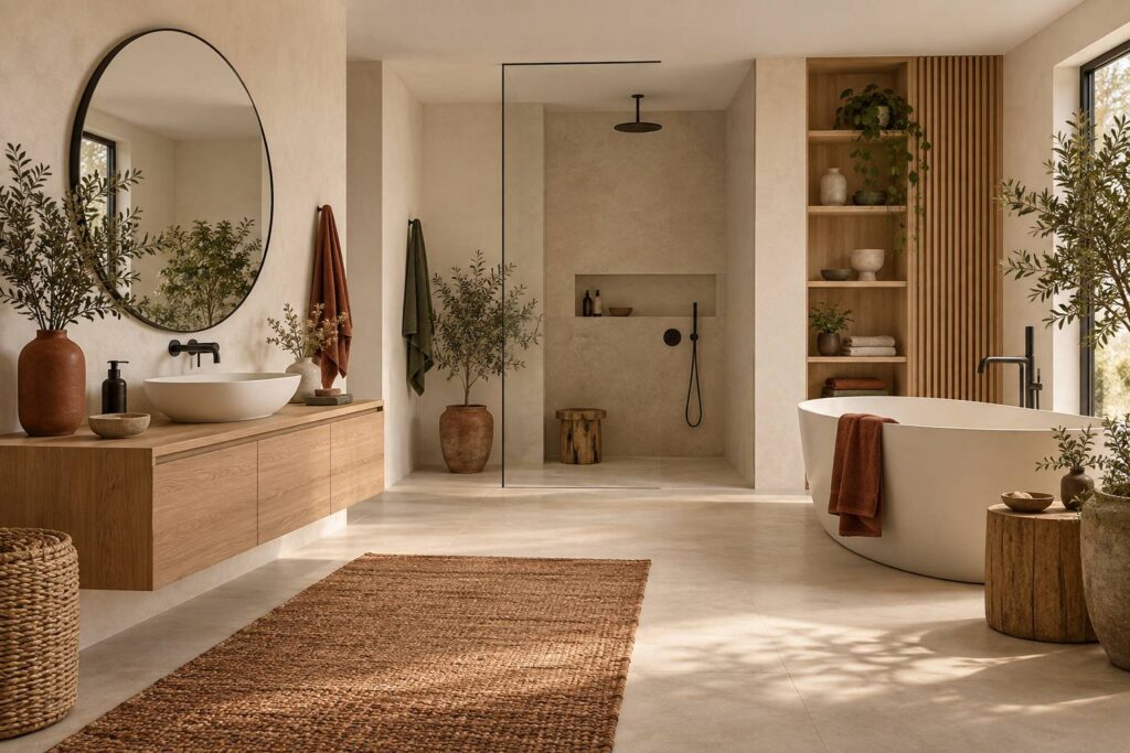Meuble sous lavabo en bois clair dans une salle de bain lumineuse