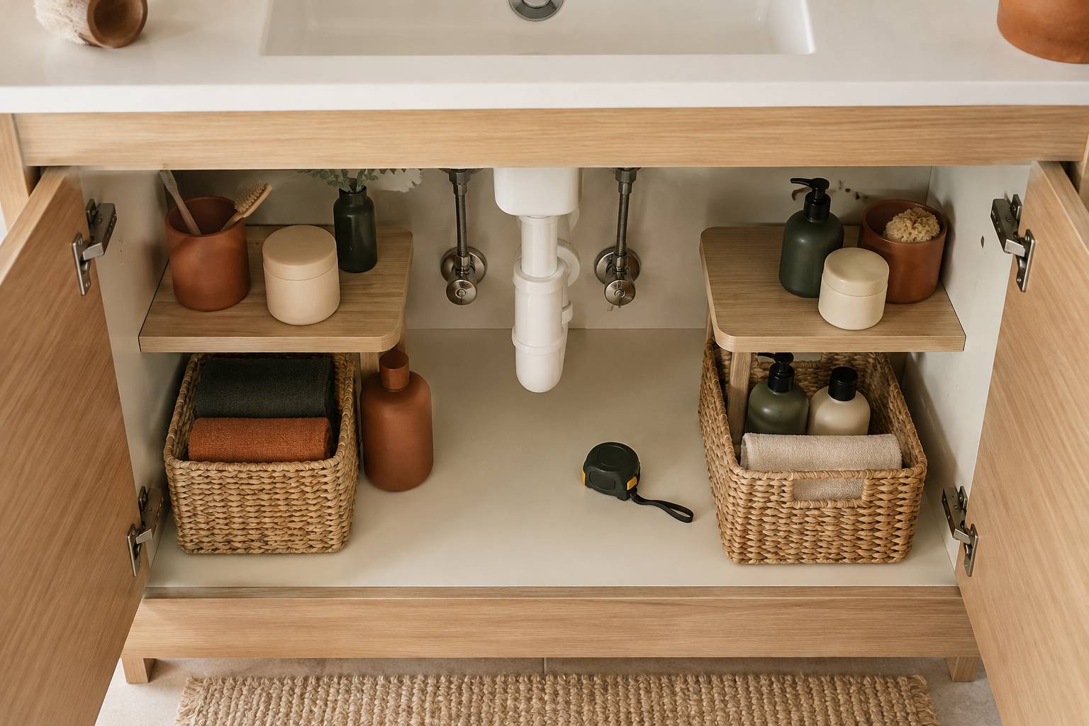 Intérieur d'un meuble de salle de bain avec siphon et paniers