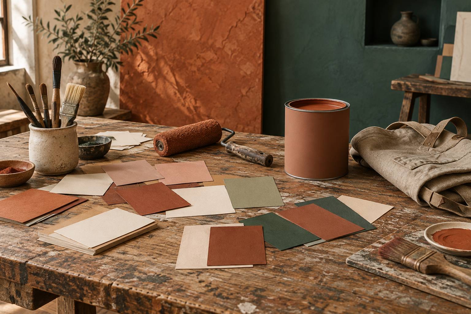 Échantillons de peinture pastel et pinceaux dans un atelier de décoration