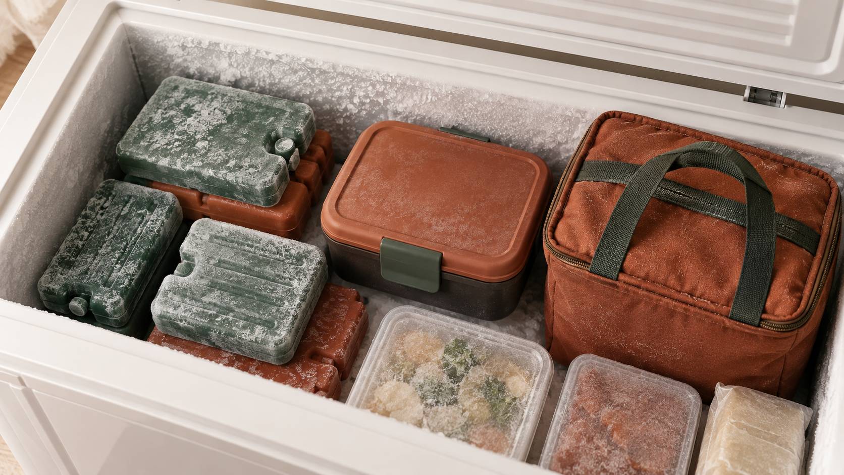 Accumulateurs de froid empiles dans un congelateur ouvert avec lunchbox