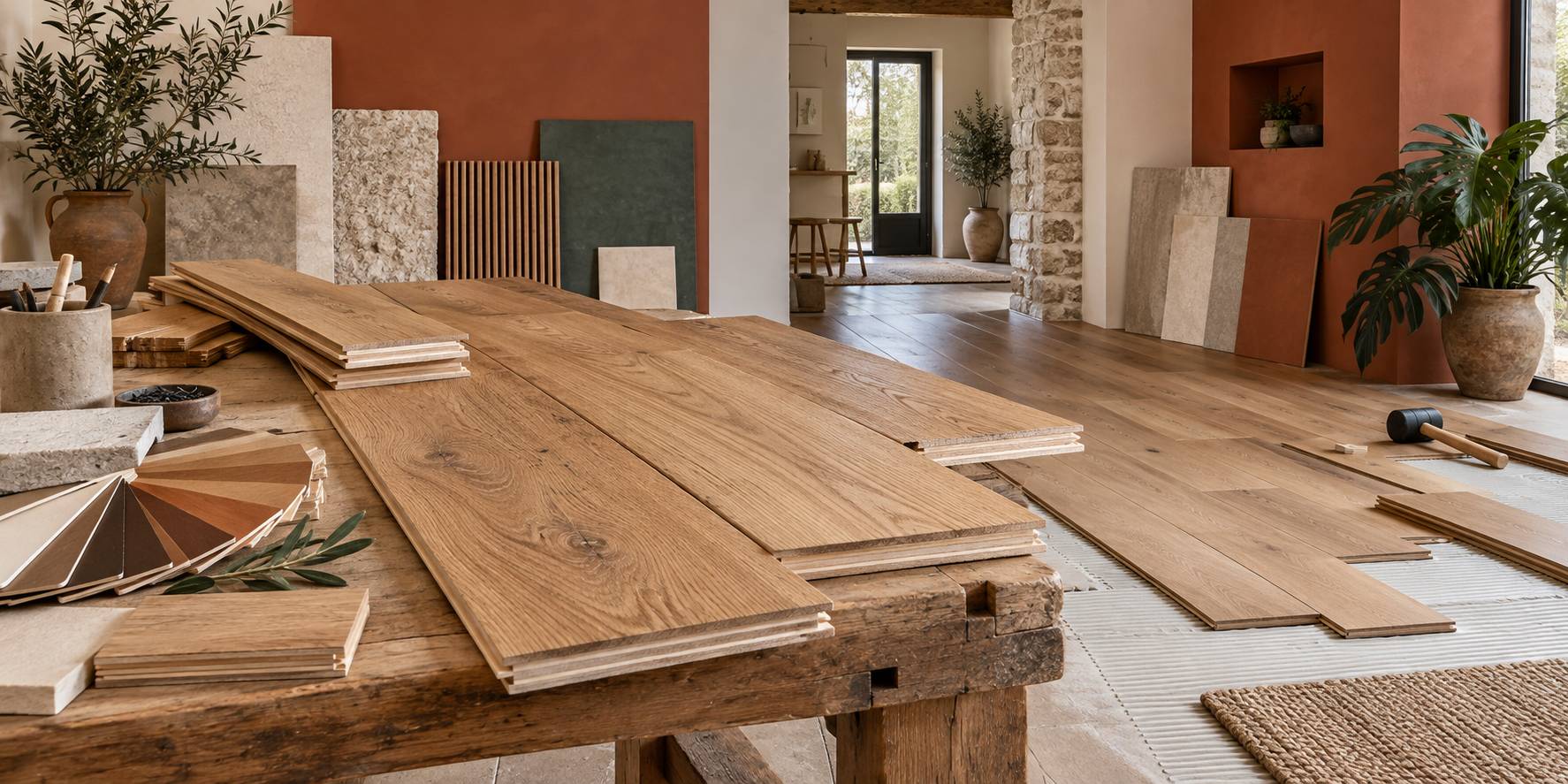 Illustration éditoriale du sujet : Parquet contrecollé : pose, prix et durée de vie réelle