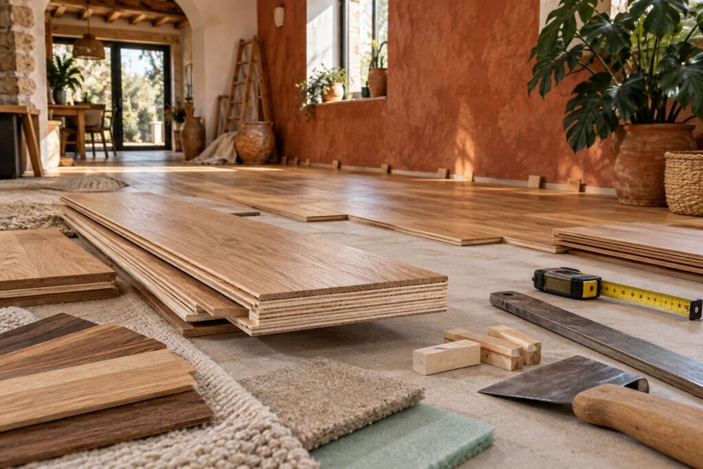 Illustration éditoriale du sujet : Parquet contrecollé : pose, prix et durée de vie réelle