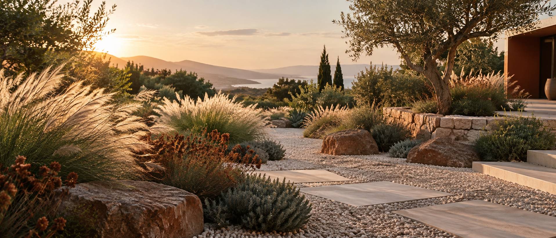 Jardin sec planté de graminées en touffes avec paillage de graviers