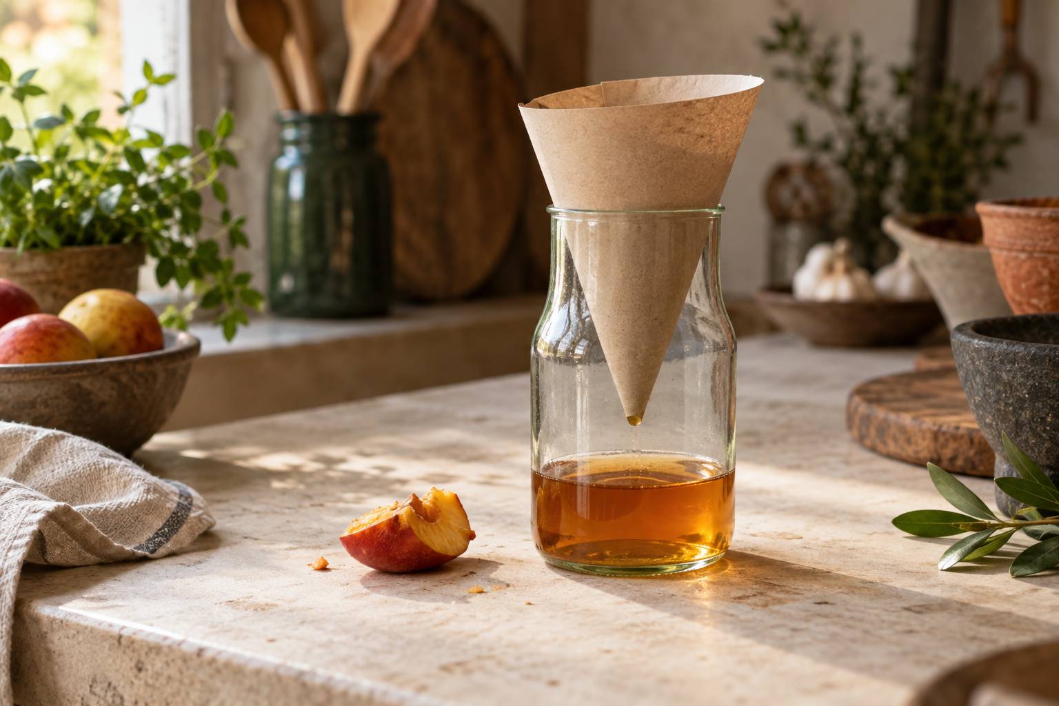Piege maison en bouteille coupee avec liquide ambree sur un plan de travail