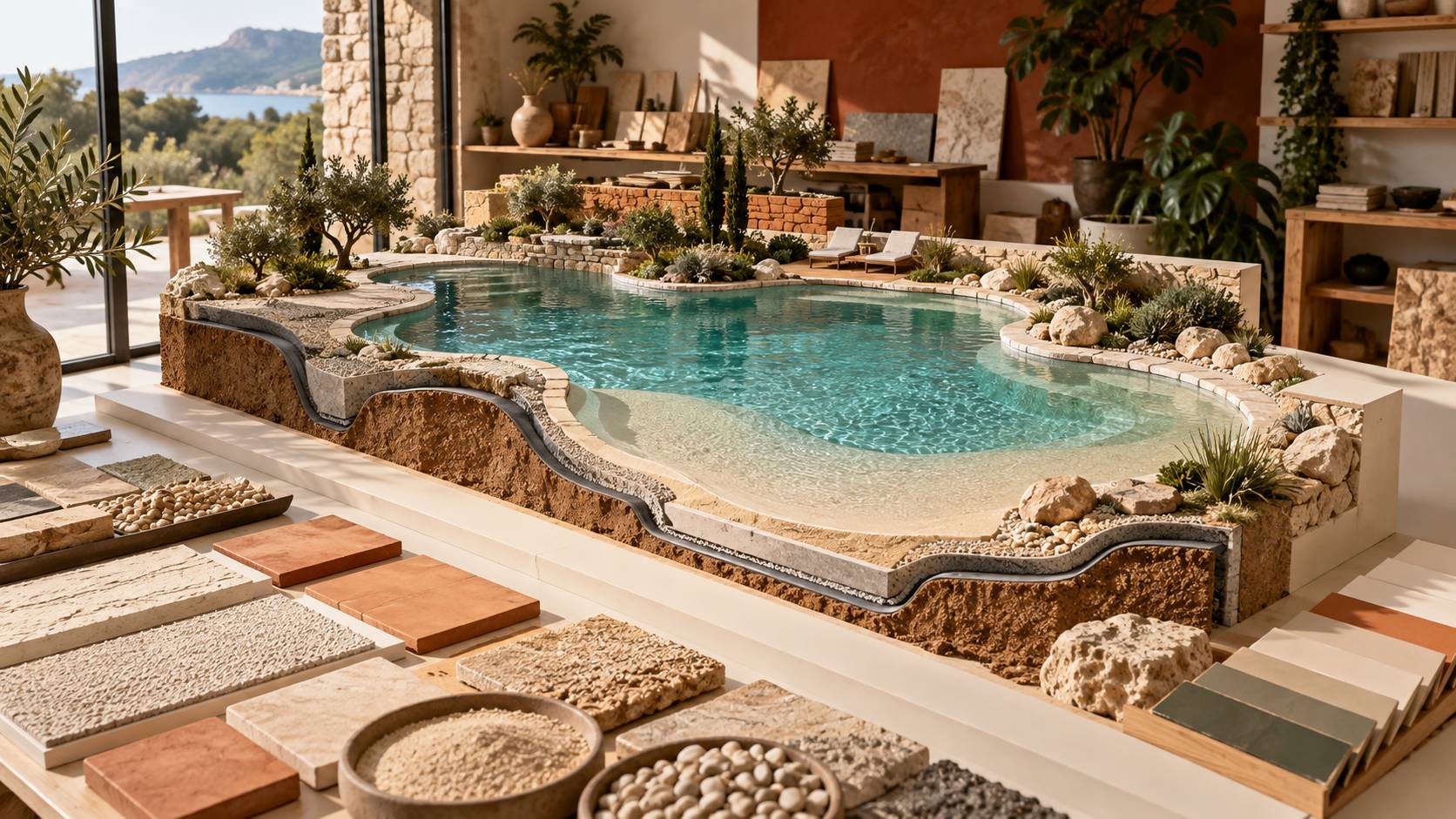Illustration éditoriale du sujet : Piscine lagon : principe, construction et prix réel