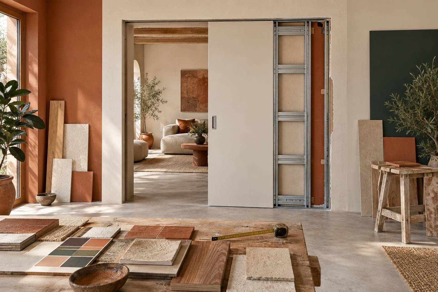 Illustration éditoriale du sujet : Porte à galandage : pose, prix et pièges à éviter