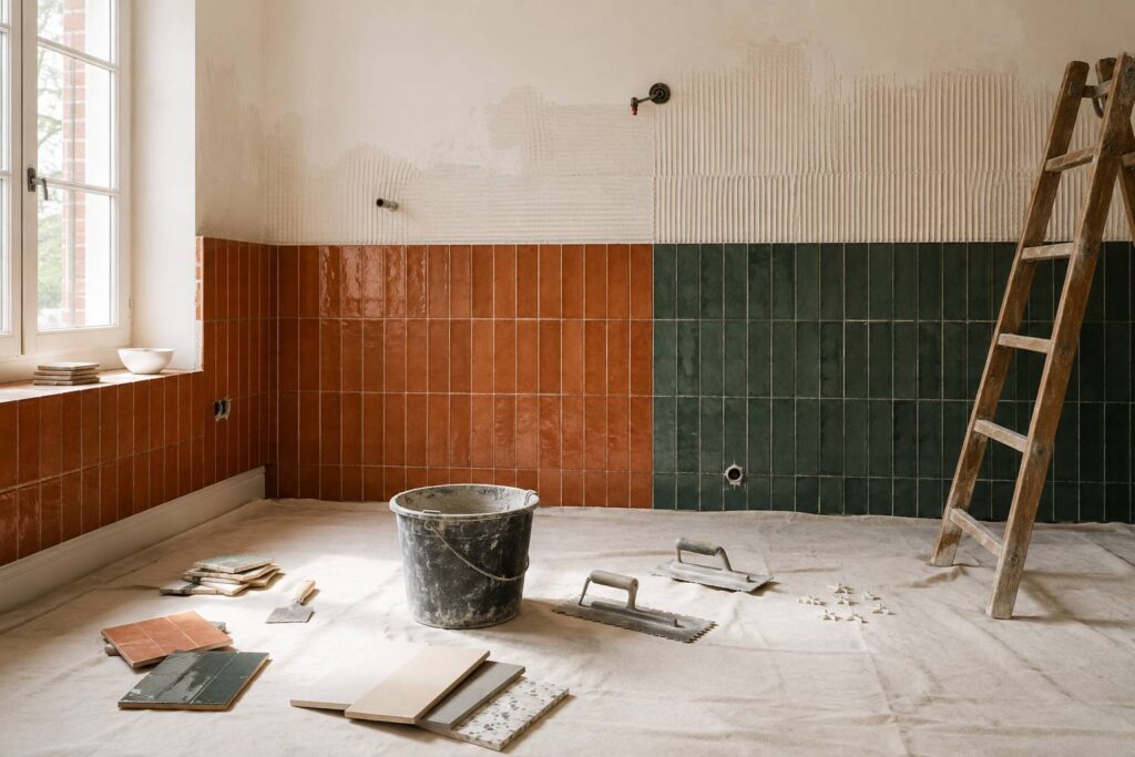 Salle de bain en rénovation avec carrelage fraîchement posé