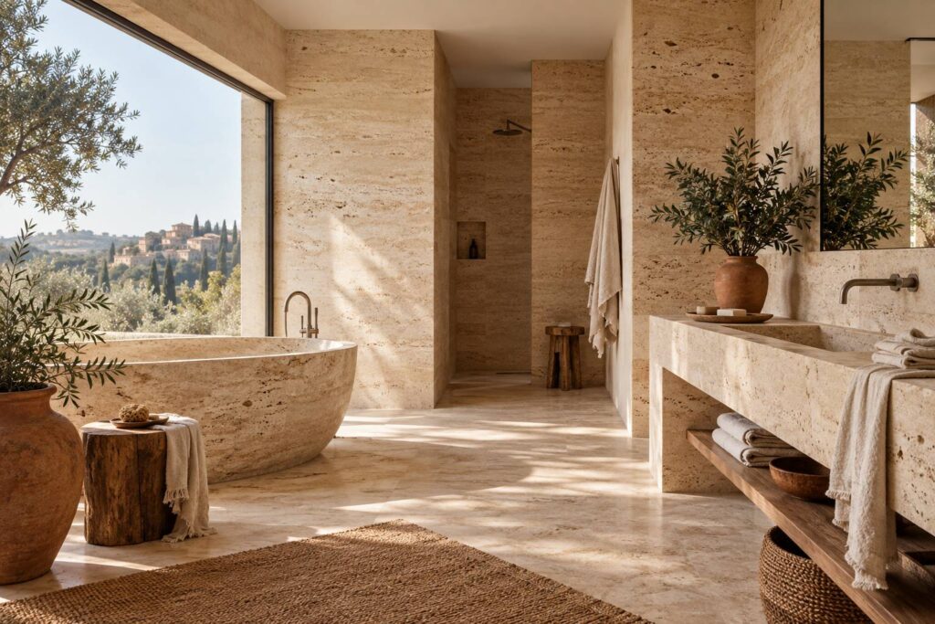 Salle de bains habillee de travertin beige avec vasque taillee et robinetterie brossee