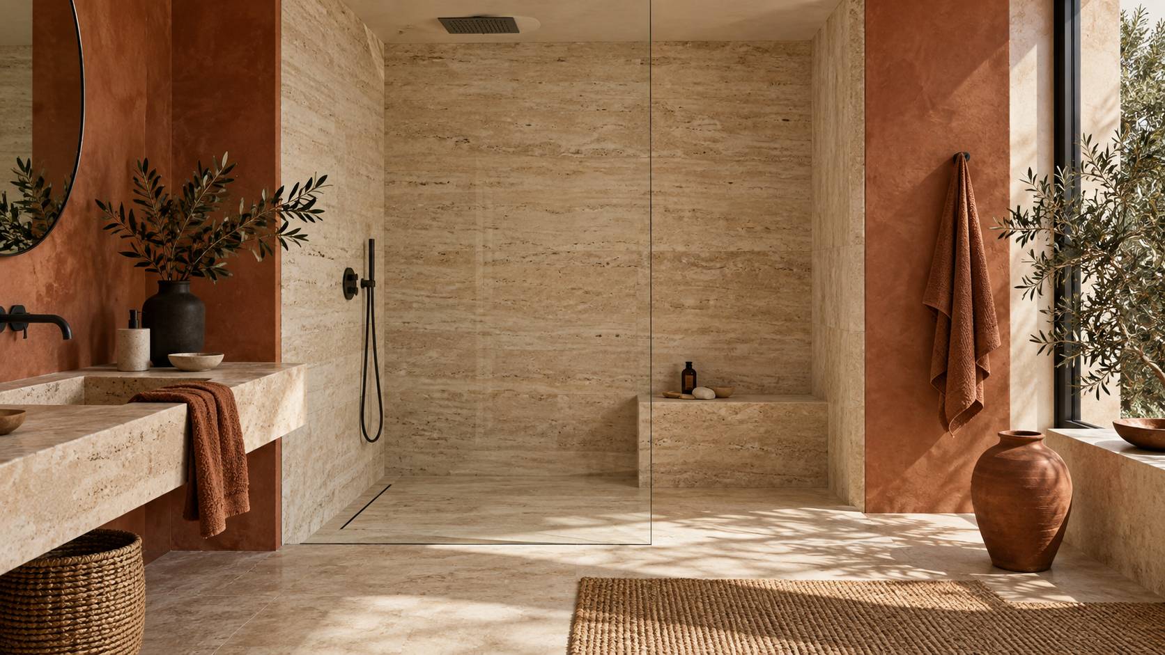 Salle de bains habillee de travertin beige avec vasque taillee et robinetterie brossee