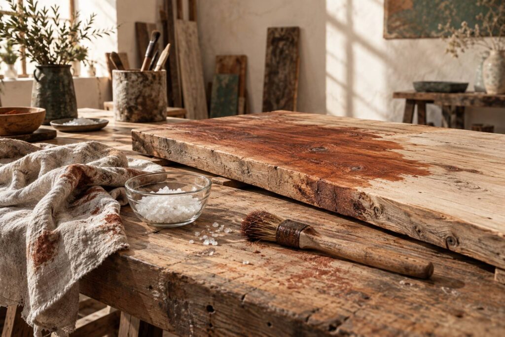 Cristaux blancs dans une coupelle de verre sur un établi d'artisan