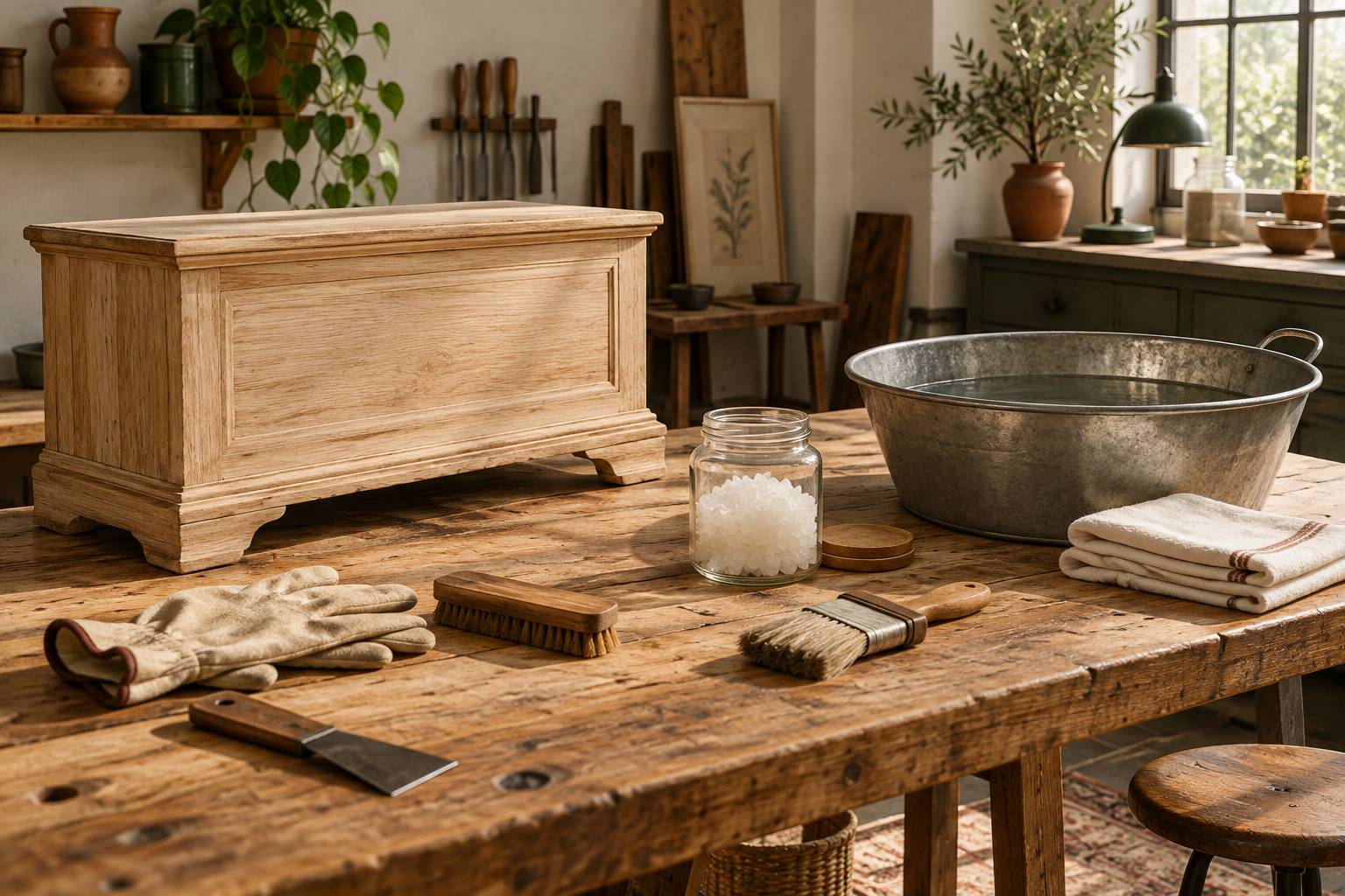 Restauration de bois clair avec cristaux, gants et bassine de rinçage